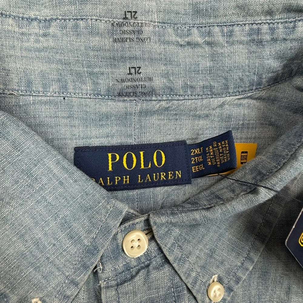 Polo Ralph Lauren Men Size 2XLT Button Down Shirt Blue Chambray Big & Tall NWT